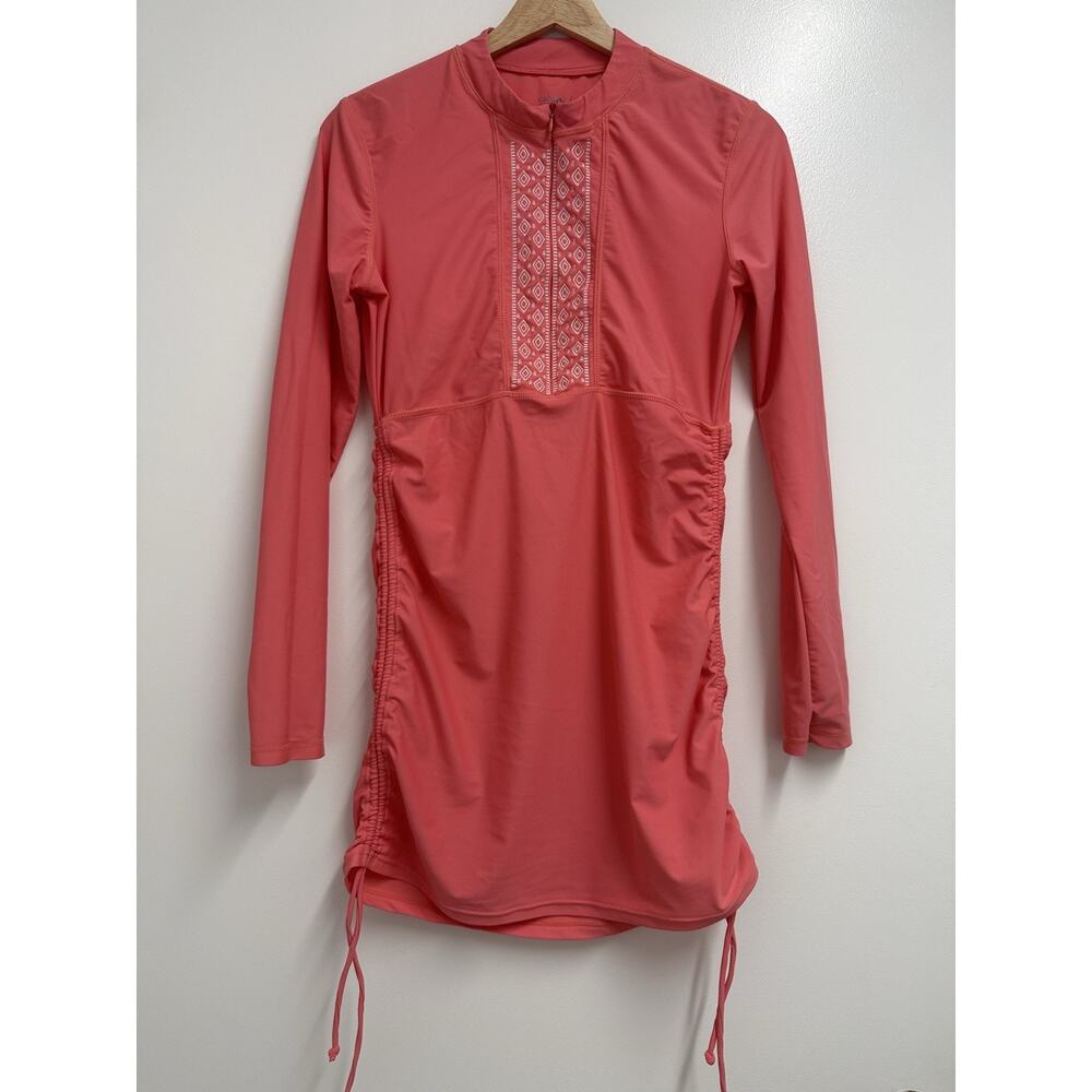 Cabana Life Coral Embroidered Convertible Ruched Rash Guard Cover Up Women’s M